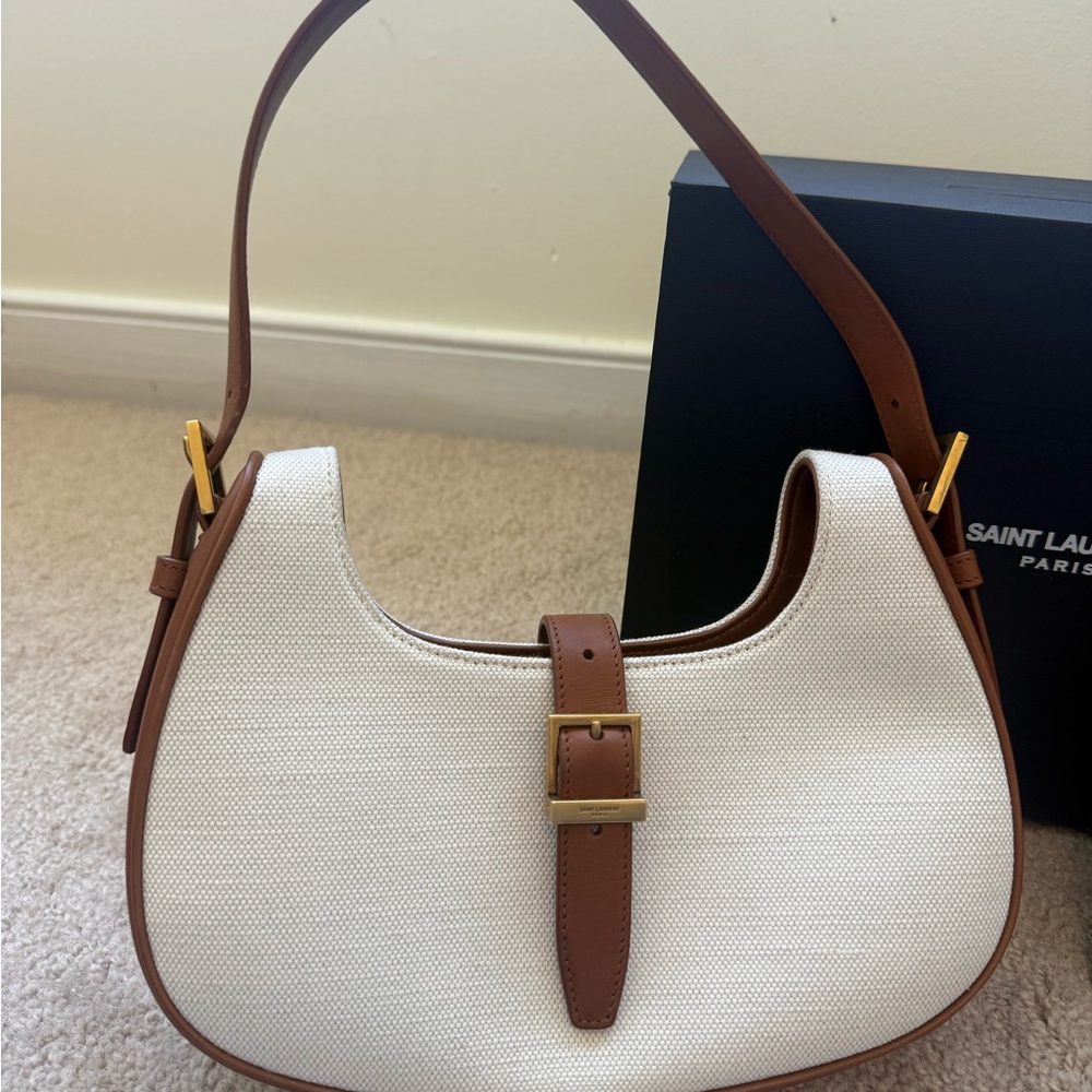 Saint Laurent Cream Canvas Shoulder Hobo with Brown Leather Trim Full Set - Picture 2 of 6